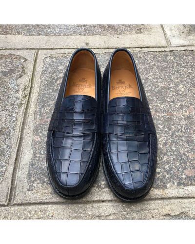 Moccasin shoe Berwick 4456 blue navy leather crocodile print finish