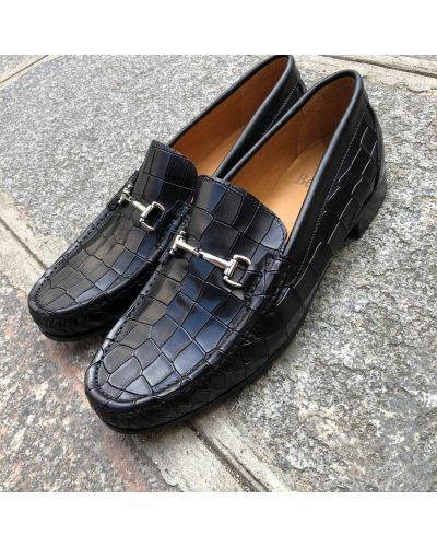 Moccasin shoe Berwick 5285 black leather crocodile print finish