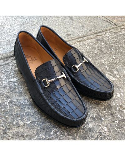 Moccasin shoe Berwick 5285 blue navy leather crocodile print finish