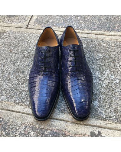 Men's Deep Blue Crocodile Style Leather Shoes