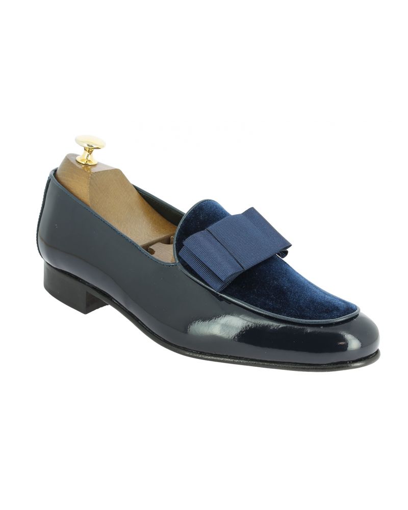 Mocassin a noeud slippers sleepers Center 51 Xmas cuir vernis marine velours marine et noeud marine