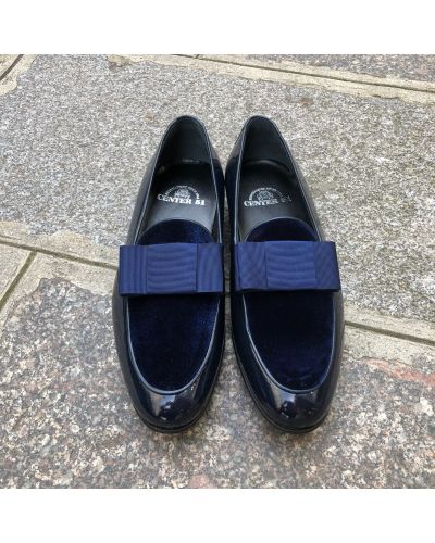 Moccasin bow knot slippers sleepers Center 51 Xmas navy blue varnished leather navy blue velvet and navy blue bow knot