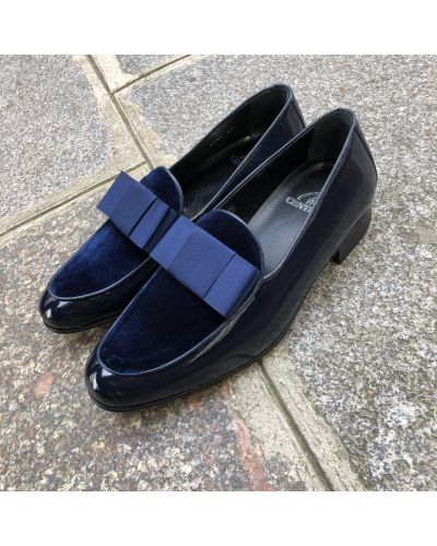 Moccasin bow knot slippers sleepers Center 51 Xmas navy blue varnished leather navy blue velvet and navy blue bow knot