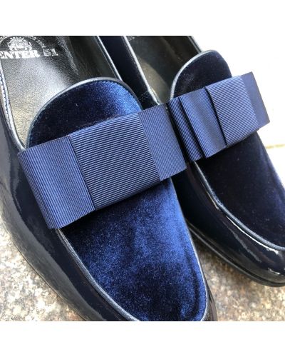 Moccasin bow knot slippers sleepers Center 51 Xmas navy blue varnished leather navy blue velvet and navy blue bow knot