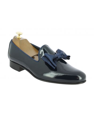 Moccasin bow knot slippers sleepers Center 51 Knot navy blue varnished leather with navy blue bow knot