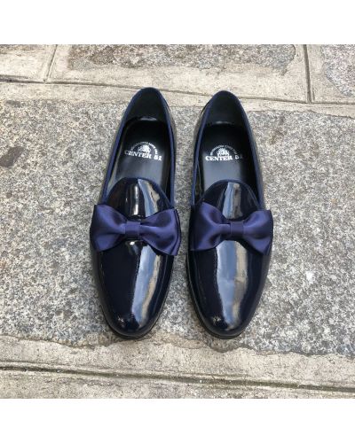 Moccasin bow knot slippers sleepers Center 51 Knot navy blue varnished leather with navy blue bow knot