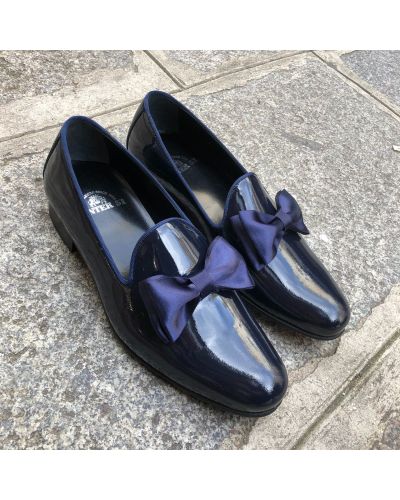 Moccasin bow knot slippers sleepers Center 51 Knot navy blue varnished leather with navy blue bow knot