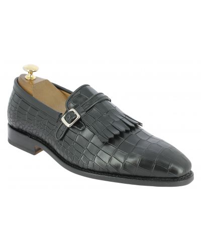 Moccasin with fringe tassels Center 51 14096 black leather crocodile print finish