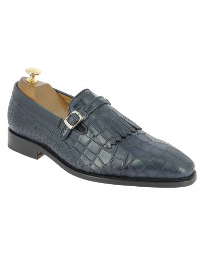 Moccasin with fringe tassels Center 51 14096 navy blue leather crocodile print finish