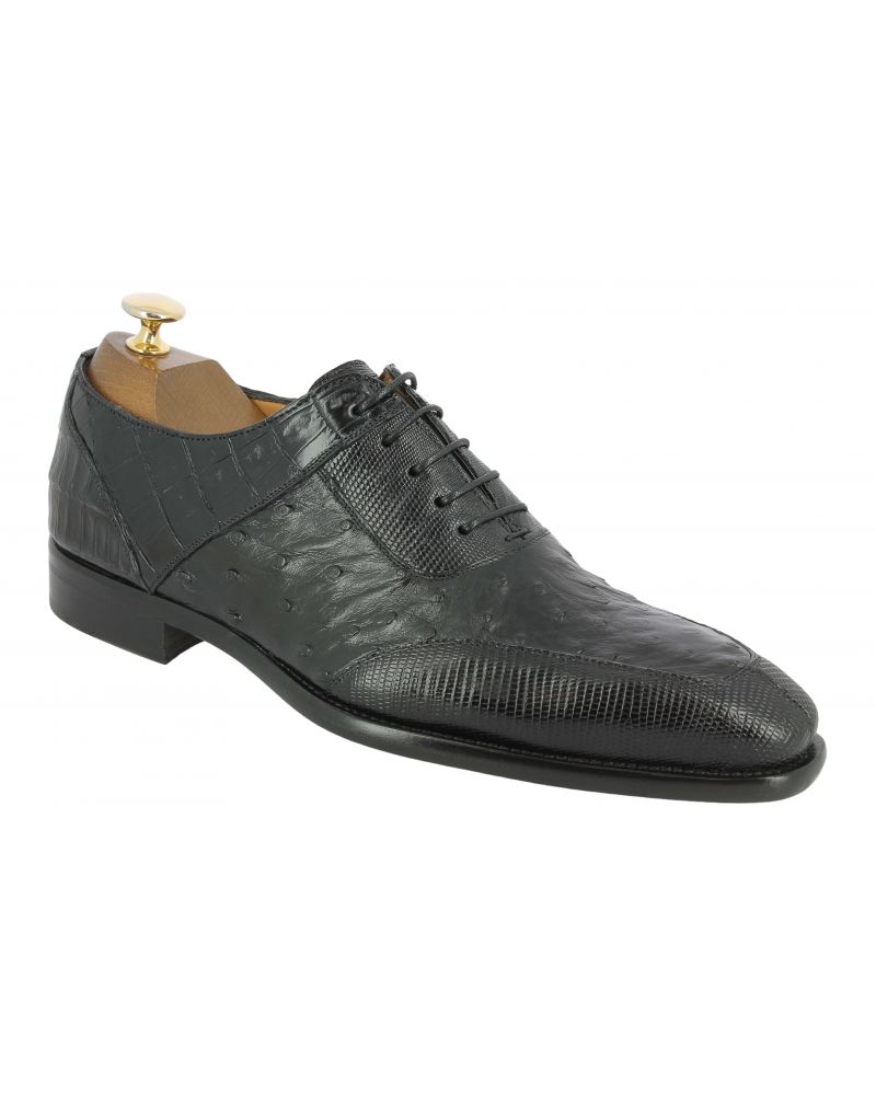 Oxford shoe Mezlan 50001 genuine crocodile, lizard, and black ostrich multimaterial