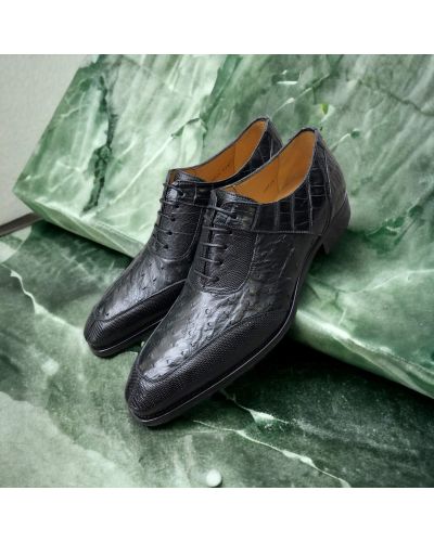 Oxford shoe Mezlan 50001 genuine crocodile, lizard, and black ostrich multimaterial