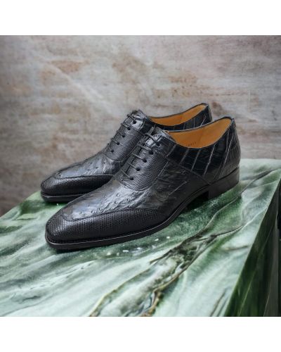 Oxford shoe Mezlan 50001 genuine crocodile, lizard, and black ostrich multimaterial