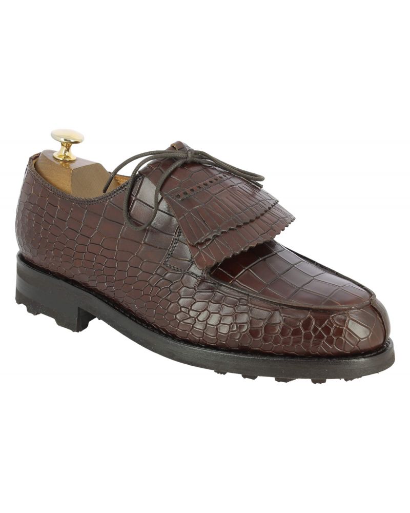 Derby John Mendson 8172 Bob cuir façon croco marron avec frange