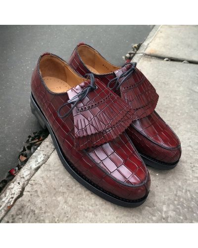 Derby John Mendson 8172 Bob cuir façon croco bordeaux avec frange