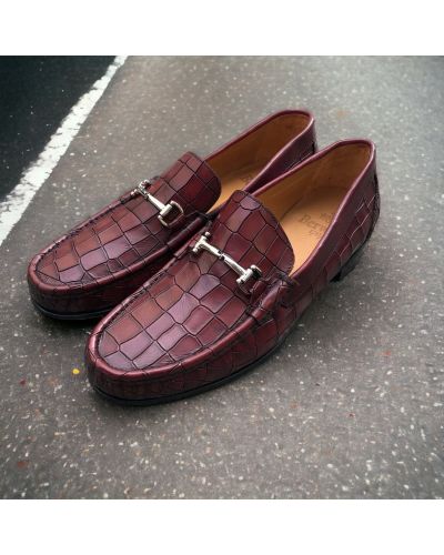 Moccasin shoe Berwick 5285 burgundy leather crocodile print finish