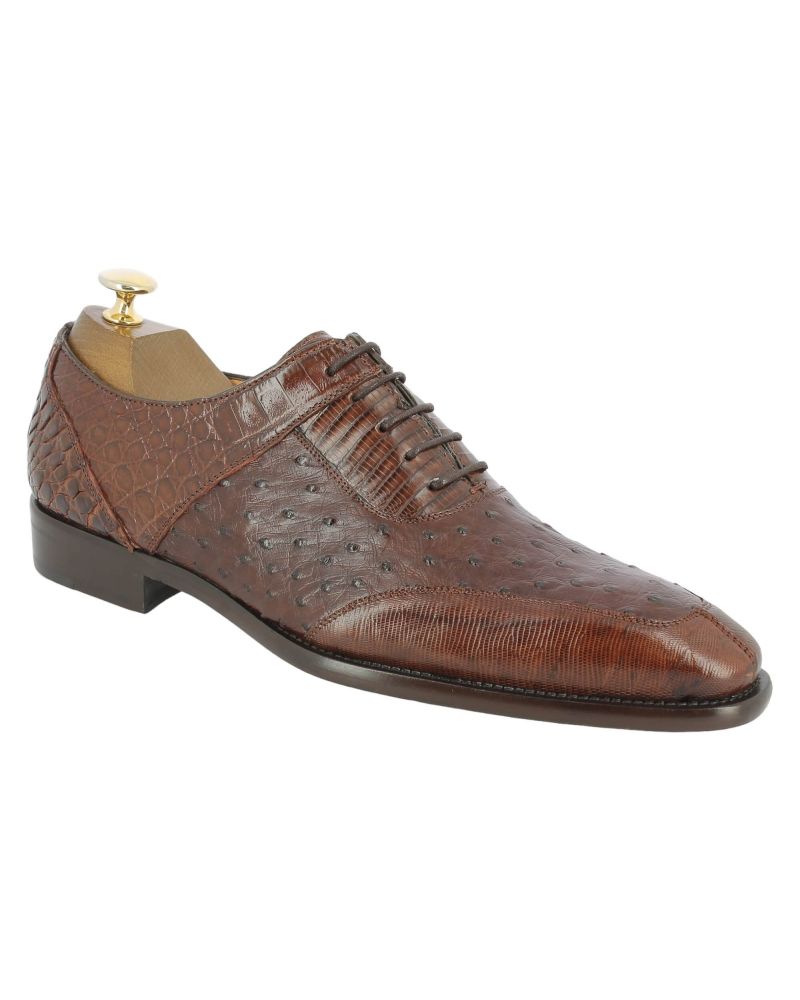 Oxford shoe Mezlan 50001 genuine crocodile, lizard, and black ostrich multimaterial