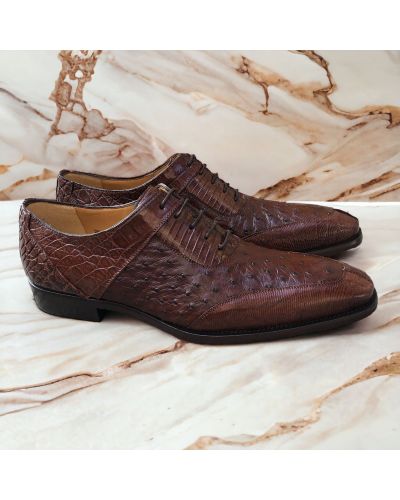 Oxford shoe Mezlan 50001 genuine crocodile, lizard, and black ostrich multimaterial
