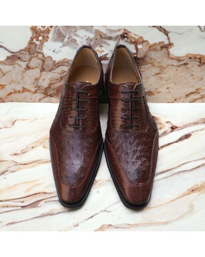 Oxford shoe Mezlan 50001 genuine crocodile, lizard, and black ostrich multimaterial