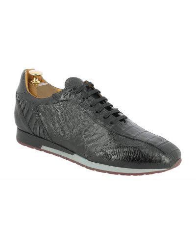 Sneakers Richelieu Mezlan 50004 multimatière véritable crocodile lézard et autruche noir