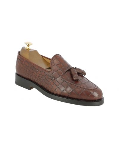 Moccasin with Pompons John Mendson 14305 brown leather crocodile print finish