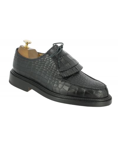 Derbie triple semelle John Mendson 14300 cuir façon croco noir avec franges