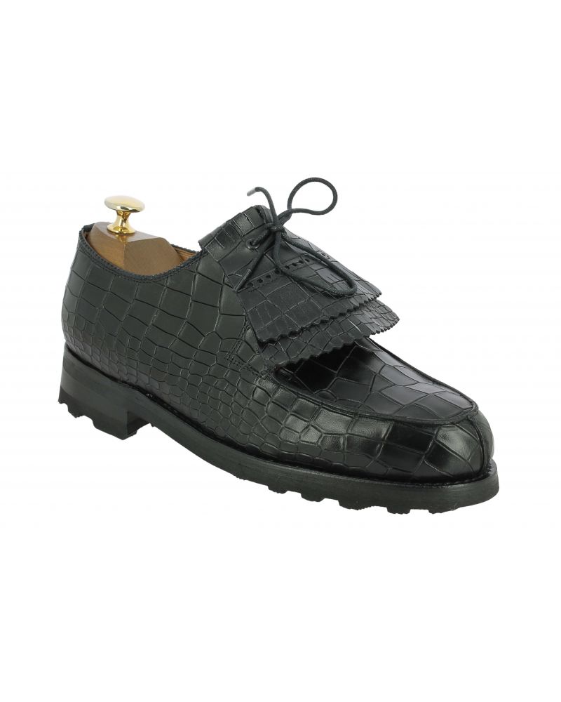 Derby John Mendson 8172 Bob cuir façon crocodile noir avec frange