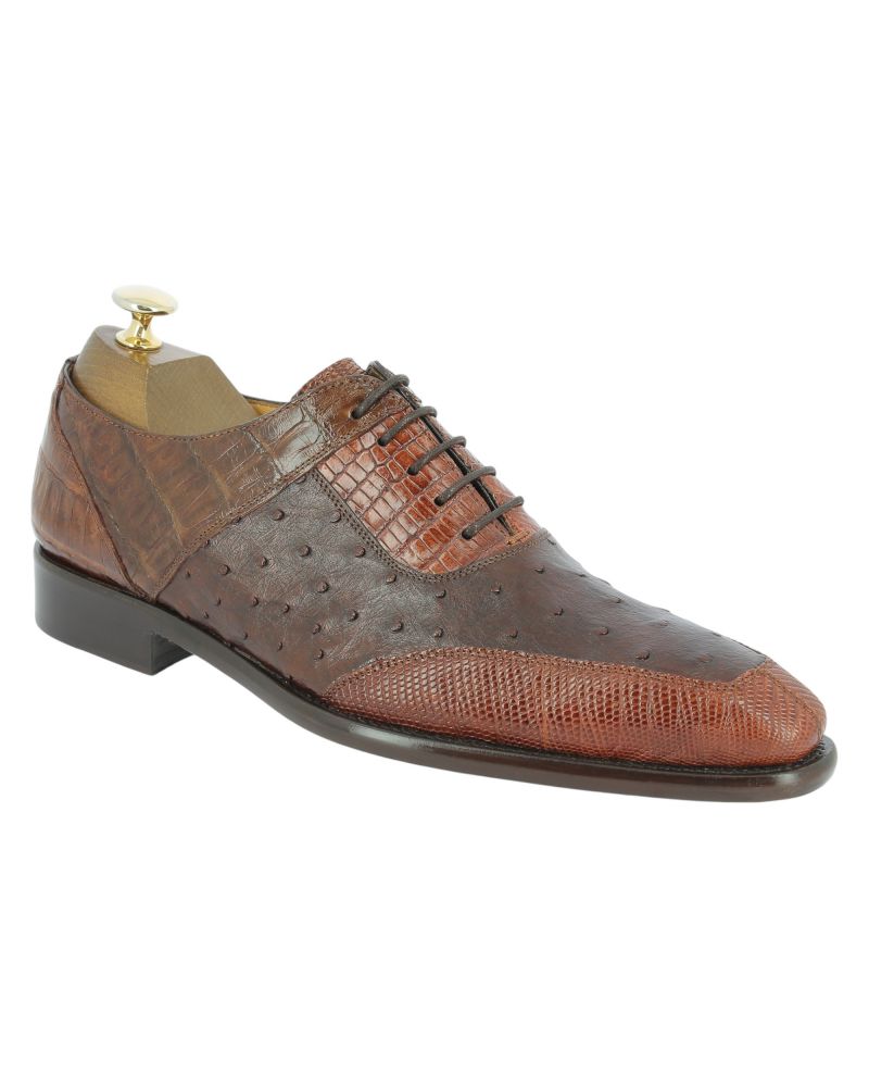 Oxford shoe Mezlan 50001 genuine crocodile, lizard, and black ostrich multimaterial