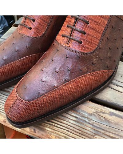 Oxford shoe Mezlan 50001 genuine crocodile, lizard, and black ostrich multimaterial
