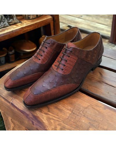 Oxford shoe Mezlan 50001 genuine crocodile, lizard, and black ostrich multimaterial