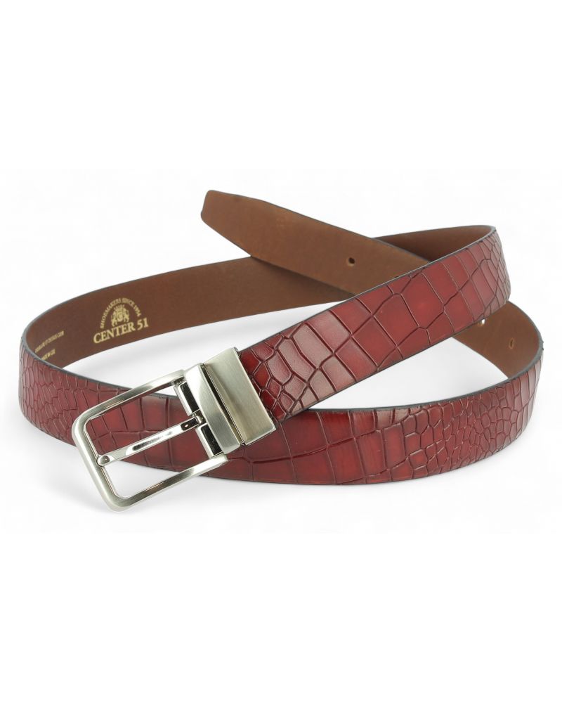 Ceinture en cuir facon croco bordeaux