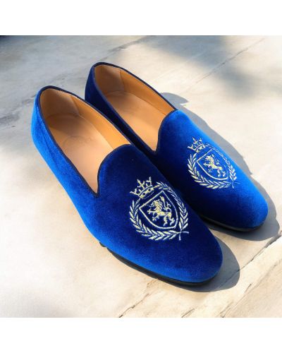 Moccasin embroidered laurel crown and lion slippers Center 51 Crown blue navy velvet