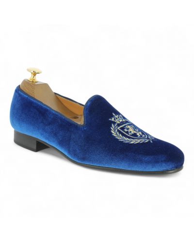 Moccasin embroidered laurel crown and lion slippers Center 51 Crown blue navy velvet