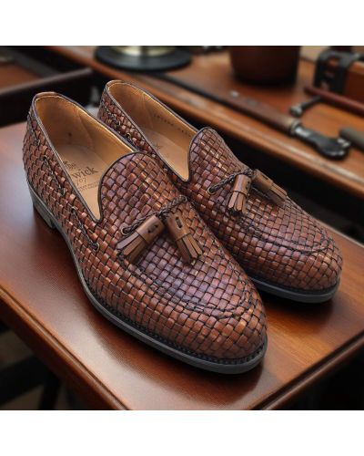 Mocassin à pompons Berwick 4340 cuir tressé marron