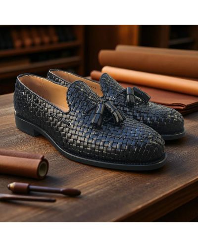 Mocassin à pompons Berwick 4340 cuir tressé noir