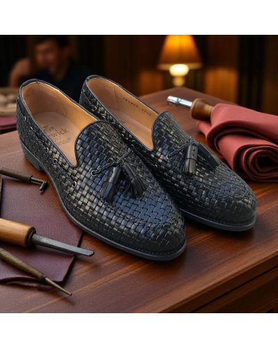 Mocassin à pompons Berwick 4340 cuir tressé noir