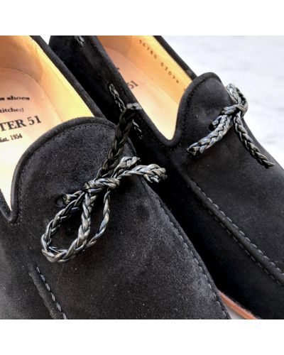 Moccasin Center 51 14778 black suede with a black braided leather lace