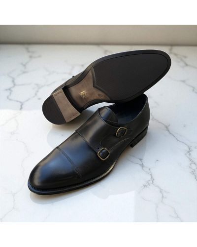Straight toe Double Monk Strap shoes James FitzJames E500 black leather