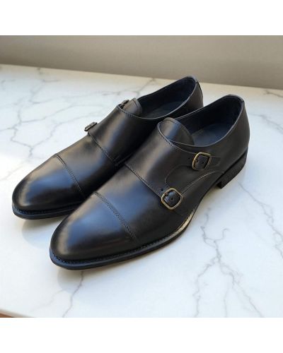 Straight toe Double Monk Strap shoes James FitzJames E500 black leather