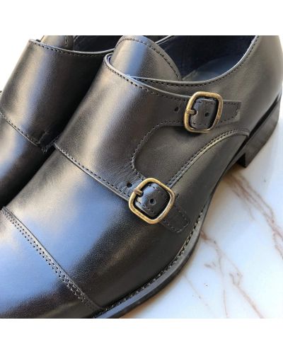 Straight toe Double Monk Strap shoes James FitzJames E500 black leather
