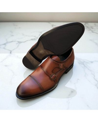 Straight toe Double Monk Strap shoes James FitzJames E500 brown leather