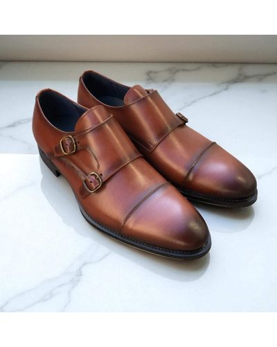 Straight toe Double Monk Strap shoes James FitzJames E500 brown leather