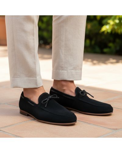 Moccasin Center 51 14778 black suede with a black braided leather lace