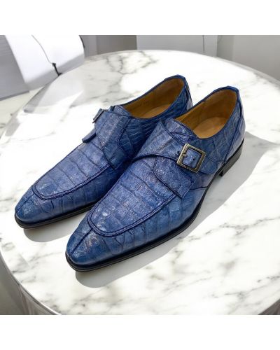 Chaussure à boucle Mezlan 50148 véritable croco bleu marine