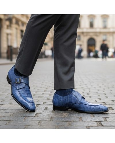 Chaussure à boucle Mezlan 50148 véritable croco bleu marine