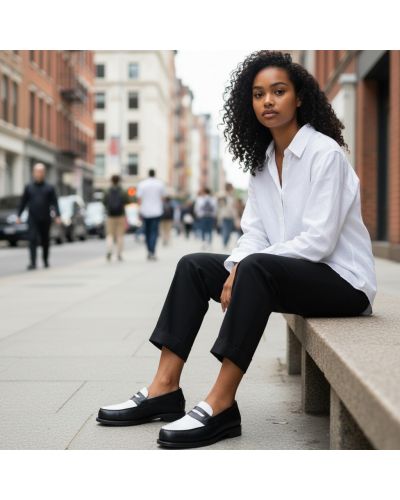 Mocassin Femme John Mendson 0622 Wendy cuir bicolore noir et blanc