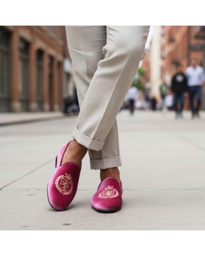 Mocassin brodé lauriers et lion slippers Center 51 crown velours rose