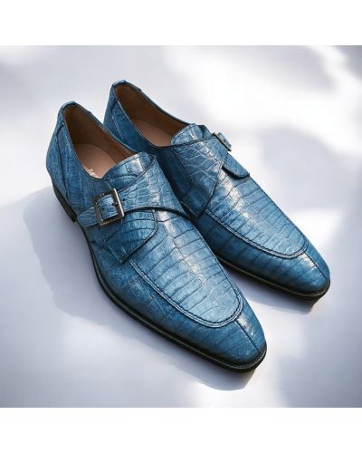 Chaussure à boucle Mezlan 50148 véritable croco bleu ciel