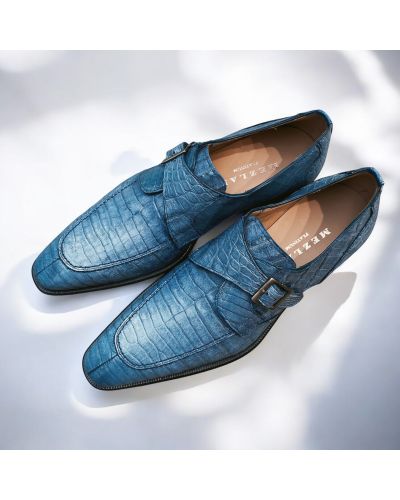 Chaussure à boucle Mezlan 50148 véritable croco bleu ciel