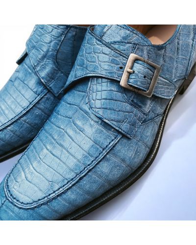 Chaussure à boucle Mezlan 50148 véritable croco bleu ciel