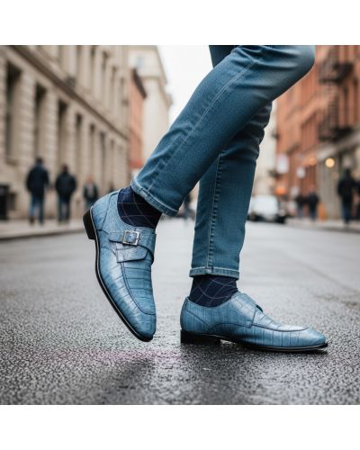 Chaussure à boucle Mezlan 50148 véritable croco bleu ciel